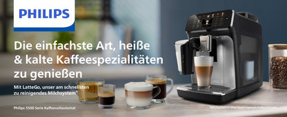 Philips Serie 5500 Kaffeevollautomat – LatteGo Milchsystem, 20 heiße und kalte Kaffeespezialitäten, 40% leiser mit SilentBrew, QuickStart, Schwarz und Silber (EP5546/70)