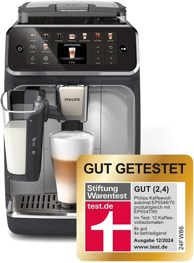 Philips Serie 5500 Kaffeevollautomat – LatteGo Milchsystem, 20 heiße und kalte Kaffeespezialitäten, 40% leiser mit SilentBrew, QuickStart, Schwarz und Silber (EP5546/70)